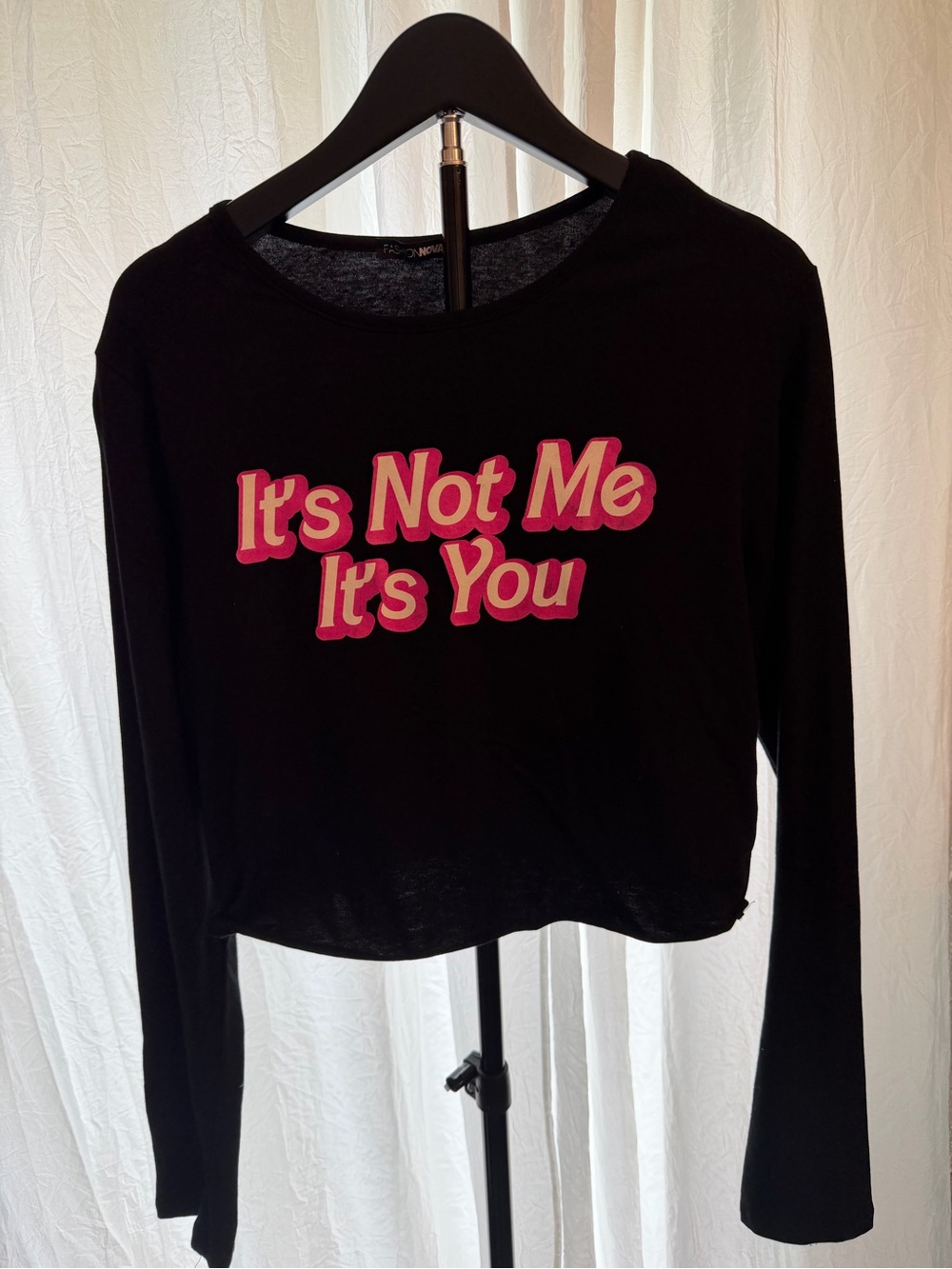Fashion Nova Black Long-Sleeve Graphic Tee with Pink Text